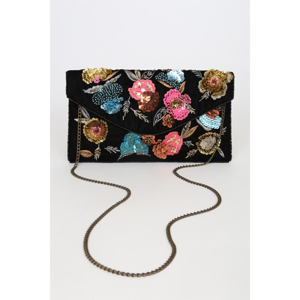 Lulus Midnight Blooms Black Velvet Floral Sequin Clutch